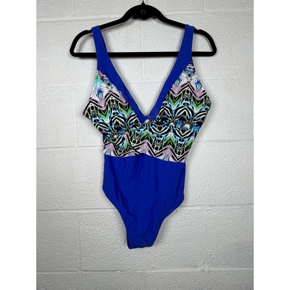 NWT Liora Blue One Piece Swimsuit Abstract Print Plunge Size 10 READ
